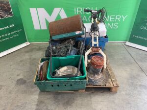 UNRESERVED Pallet Of Misc Equipment To Incl: Parkside Generator, Consaw Blades, Garden Roller, Floor - Buffer & More