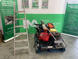 UNRESERVED Pallet Of Misc Equipment To Incl: Ladder, 2 x Paint Sprayer, Vacuum, Strimmer, Chopsaw, - Leaf Blower & More