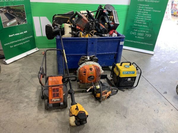 UNRESERVED Blue Crate Of Strimmers, Mowers, Generators, Chopsaws, Compressor, Consaw Trolley & More