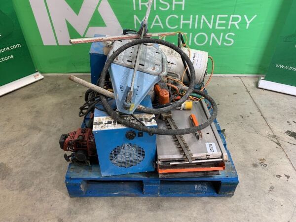 UNRESERVED Pallet Of Misc Tools - Gas Blower, Tile Cutter, Concrete Poker Unit, Sub Pump & More