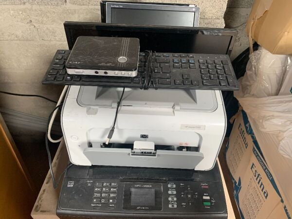 Selection of IT Equipment to include: Brother MFC-J265W, HP Laser Jet P1102 Desktop Printers, Dell - Keyboard, DVD Player and 3 Computer Screens.