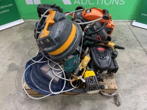 UNRESERVED Pallet Of Equip: Engines, Strimmers, Grinders, Drills, Hoses, Clippers & More