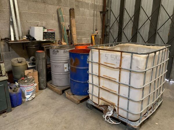 4 x Shelving Units & Contents Incl: Barrells, Air Con Unit, Brass Items, Rubber Matt, Table Tops, Leads & Drill Bits