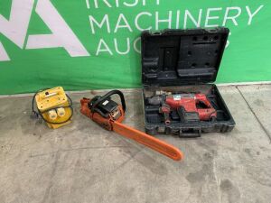 Lot to Include Petrol Chainsaw, Transformer and 110V Breaker Drill
