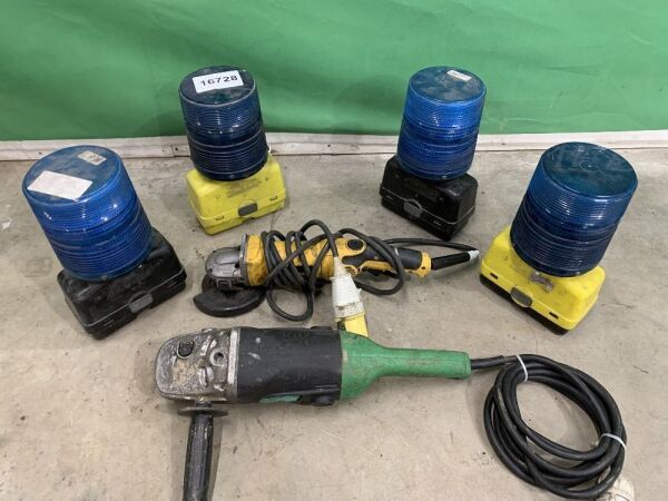 UNRESERVED Lot to Include: Dewalt Grinder, Hitachi Grinder & 4x Blue Lights