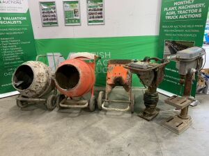 2 x Belle Cement Mixers, MIxer Frame, Jumping Jack & Pillar Drill