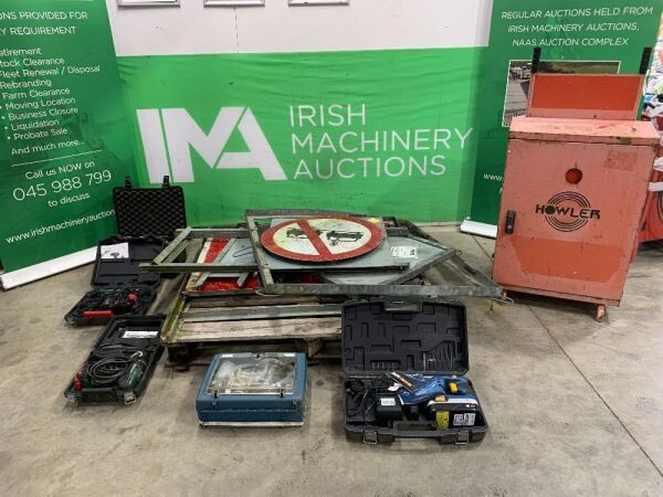 UNRESERVED Assortment Of Drills & Suction Unit & Road Signs