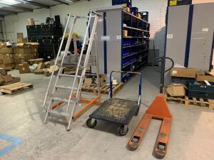UNRESERVED LIQUIDATION ENTRY: Aluminium Step Ladder, Trolley and Orange Pallet Truck