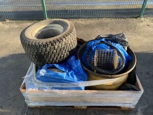 UNRESERVED Pallet to Include: 2x Mower Tyres, Truck Rim, Seals & More