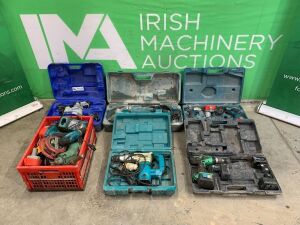 UNRESERVED Job Lot Of Tools To Include: Makita Grinder, Makita Cordless Drill Set, Agatec Laser - Level, Hitachi Cordless Drill & More