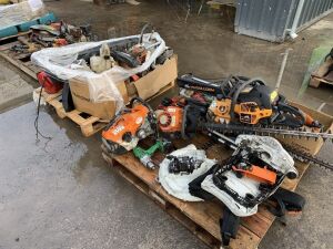 3 x Pallets To Contain Consaws, Chainsaws, Hedge Clippers, Strimmers, Chopsaw & Compressor For - Parts/Repair