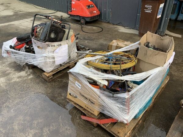 2 x Pallets To Contain Large Shackles, Lanmower, Water Pump, Cobra Reel And Various Parts