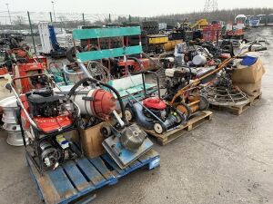 3 x Pallets To Contain 3 x Lawnmowers, Vacuums, Powerfloat, Honda Engine & Various Parts