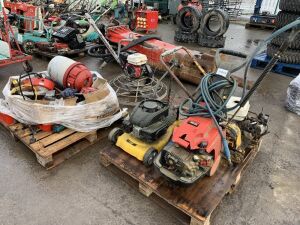 2 x Pallets To Contain Compaction Plate, 2 x Lawnmowers & Various Parts