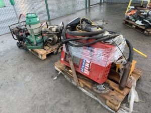 2 x Pallets To Contain Poker Hoses, Water Pump, Floor Buffer, Honda Generator, 2 x Heaters & More