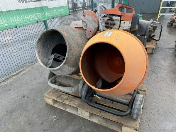 Pallet To Contain 1 x NEW Mixer Drum & Frame & Belle Minimix 150 Petrol Mixer & Sthil Consaw