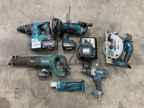 Makita Battery Kit, Recip Saw, Angle Grinder, SDS Drill, Circular Saw, 2 x Combi Drills & Charger - Battery