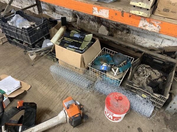 Bay 1 - Contents On Ground - Ground Rot Post Savers, Ratchet Straps, Mesh Wire, Lances, Stay Wire & - More