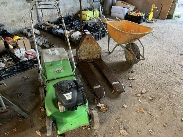 Yellow Wheelbarrow. Viking Petrol Lawnmower & Pallet Truck