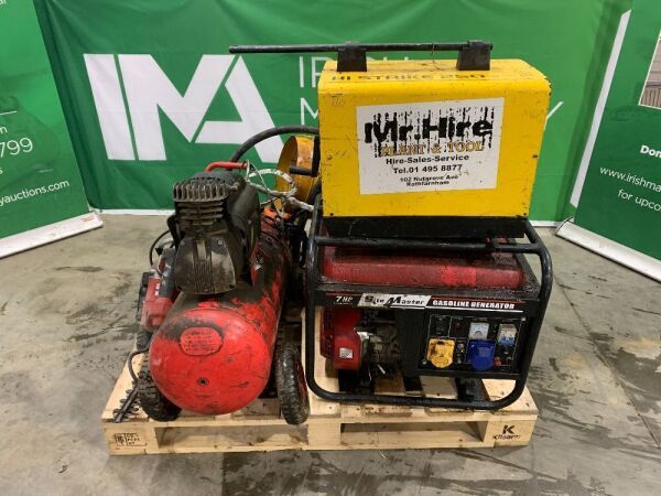 UNRESERVED Pallet Of Tools To Incl: 7HP Generator, Compressor, Blow Heater, Milwaukee Hammer Drill, - Welder & More (Parts/Repair)