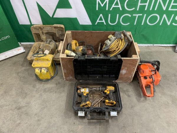UNRESERVED Jonb Lot - 2 x Dewalt Drills, Extension Reels, Hilti Drill, Dewalt Skill Sawa, Laser - Level, Transformer & More