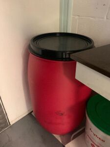 Red Plastic Food Storage Barrell