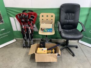 UNRESERVED Job Lot to Include: Screwdriver Set, Torch, Lantern, Solar Light, 2x Office Chairs, - Speakers & 2 Seater Buggy