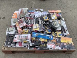 Pallet Of UNUSED UNOPENED Tessi Padlocks With Keys, BWS Ball Bearing Hinges….