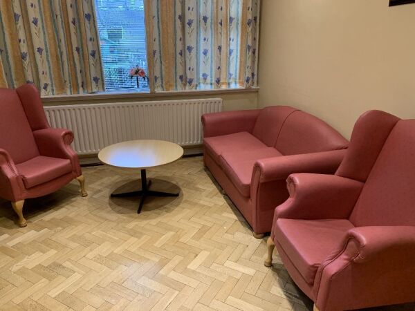 Visitor Meeting Room-2 x Red Leather Matching Fireside Chairs & Sofa, Round Top Table, Fireplace, - Beko TV, Picture, Office Table c/w Drawers & Chair-Desktop PC for the partially blind