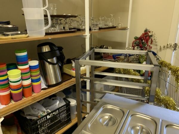 Store Room: S/S Mobile Bain-Marie , 2 x Sheft Tray Stacks, Shelves with some Crockery & Table - Condiments, Tabletop Fridge, Pacific Vacuum