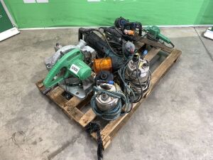 UNRESERVED Pallet of Equipment to Include: 2x Sub Pumps, Beacons, Hitachi Chop Saw, Makita Breaker, - 2x Sanders, Planer, Drill & More