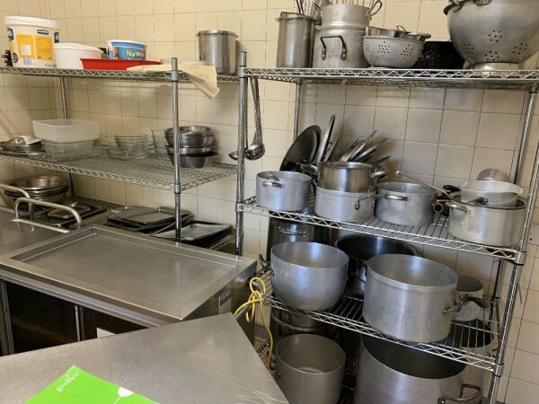 2 x Shelves of Pots and Pans, Utensils & Chopping Boards