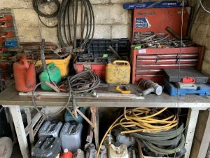 Workbench c/w Contents on Top to Include: Snap On Tool Box With Contents, Yellow & Red Tool Boxes With Contents, Jump Leads, Heat Gun, Petrol Cans & More