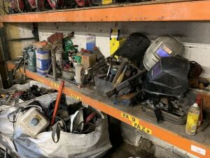 Contents of Middle Shelf to Include: Large Selection of Hammers, Axle Stands, Hydraulic Hosing, Beacons, Welding Masks, Tools, Parts & Much More