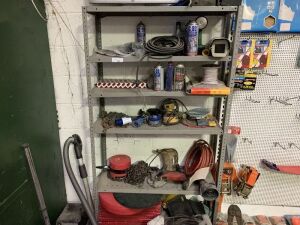 Shelving Unit c/w Contents to Include: Chains Blocks, Chains, Buffer Pads, Filters, TV, Hoses, Sander & More