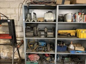 Left Hand Side of Shelving Unit Contents to Include: 4x 4T Axel Stands, Cimar Water Tank Selection of Machine Wheels, Airline Reel, Power Tools, Selection of Drill Bits And Parts