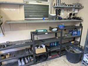 Contents of Back Wall to Include: Large Quantity of Tooling, Large Selection of Oil, Screen Wash, Lights, Chisels & More