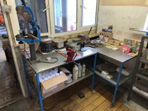 Work Benches c/w Contents to Include: Angle Grinder, Chains, Tools, Bulbs & More