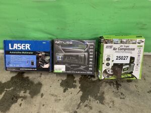 Lot to Include: Multimeter, Bluetooth Car Radio & Air Compressor