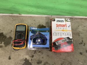 UNRESERVED Lot to Include: Head Torch, Multimeter & Smart Battery Charger